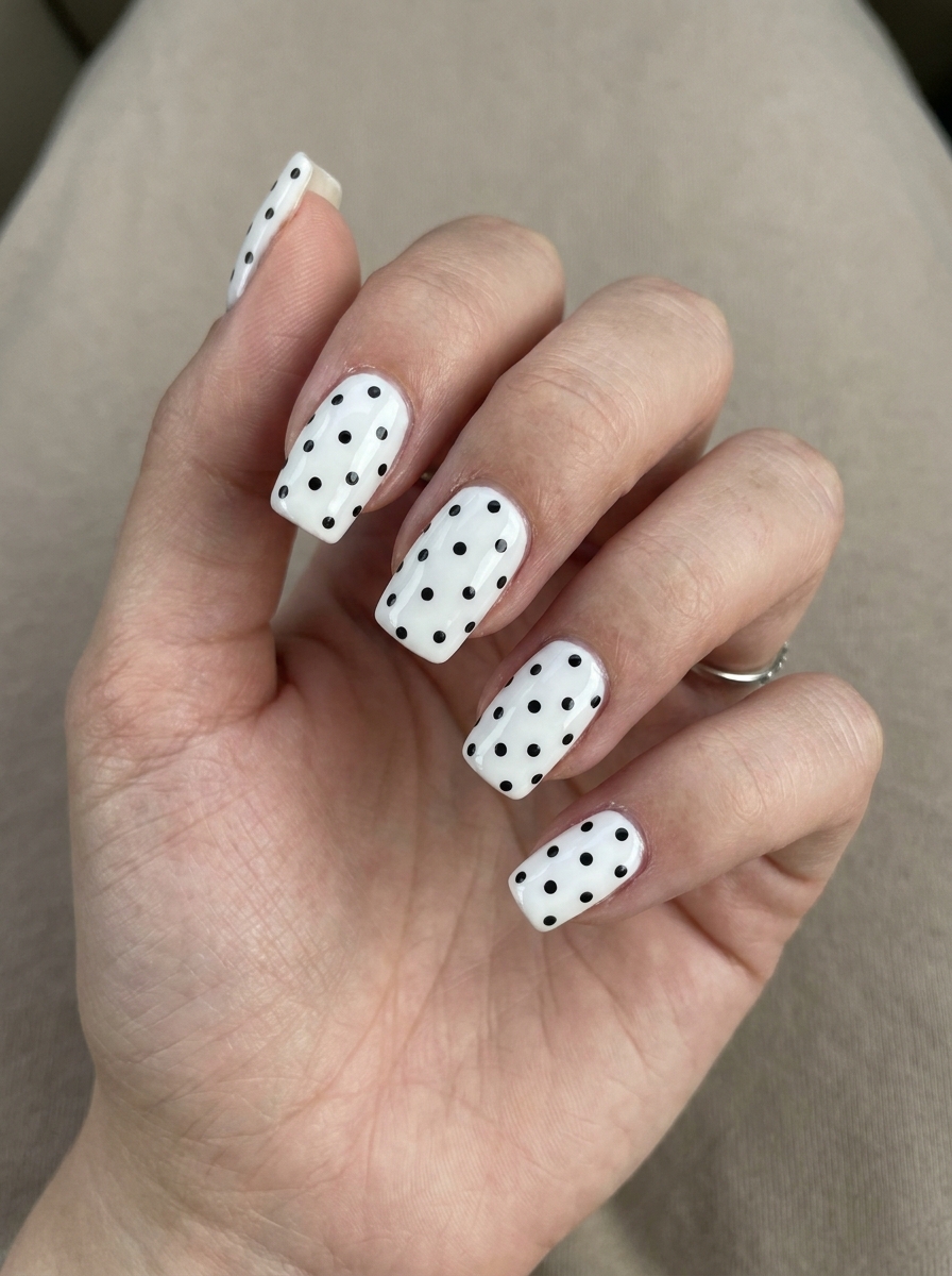 Polka Dot Square Nails mit eckiger Nagelform und klaren Punkten